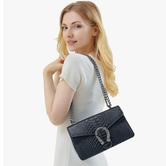 Kopnur Embossed Snakeskin PU Leather Crossbody Bag – Mermaid Buckle Chain Purse - Picture 9 of 11